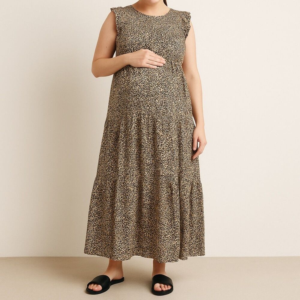 ASOS Maternity Dress Leopard Print Tiered Flutter Sleeve Maxi Women’s Size 10